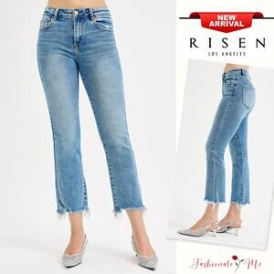 RISEN Mid Rise Waist Frayed Hem Medium Washed Cropped Straight Slim Denim Jeans